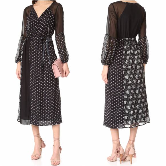 CLUB MONACO Portuna Floral Mixed Media Black Silk Midi Dress Size 00 - Picture 1 of 9